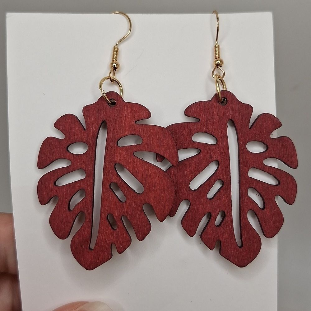 Red palm leaf earrings Hollowed out lightweight boho jewelry
